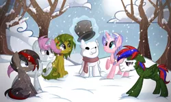 Size: 3000x1800 | Tagged: safe, artist:drawntildawn, derpibooru import, oc, oc:intrepid charm, oc:jare, oc:praetorianoverlord, oc:silver thread, unofficial characters only, snow, snowball, snowfall, snowpony