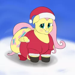 Size: 1484x1484 | Tagged: artist:astr0zone, blushing, clothes, derpibooru import, fat, fattershy, female, fluttershy, hat, impossibly large butt, obese, plot, santa costume, santa hat, santashy, solo, solo female, suggestive