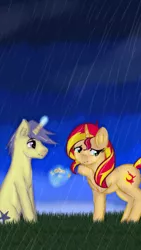 Size: 720x1280 | Tagged: safe, artist:sabrina-tellijohn, derpibooru import, comet tail, sunset shimmer, pony, unicorn, cometshimmer, female, flower, glowing horn, male, rain, shipping, straight