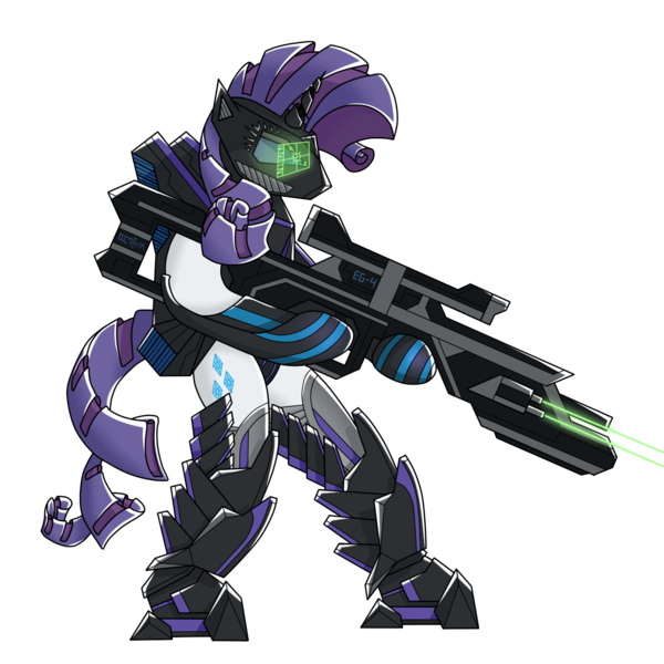 Size: 600x600 | Tagged: safe, artist:lunarsnowfall, derpibooru import, rarity, pony, unicorn, armor, badass, bipedal, cutie mark, cyberpunk, female, gun, helmet, hooves, horn, mare, optical sight, powered exoskeleton, railgun, rifle, simple background, sniper rifle, solo, transparent background, weapon