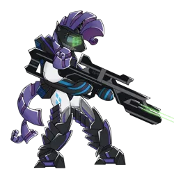 Size: 600x600 | Tagged: safe, artist:lunarsnowfall, derpibooru import, rarity, pony, unicorn, armor, badass, bipedal, cutie mark, cyberpunk, female, gun, helmet, hooves, horn, mare, optical sight, powered exoskeleton, railgun, rifle, simple background, sniper rifle, solo, transparent background, weapon