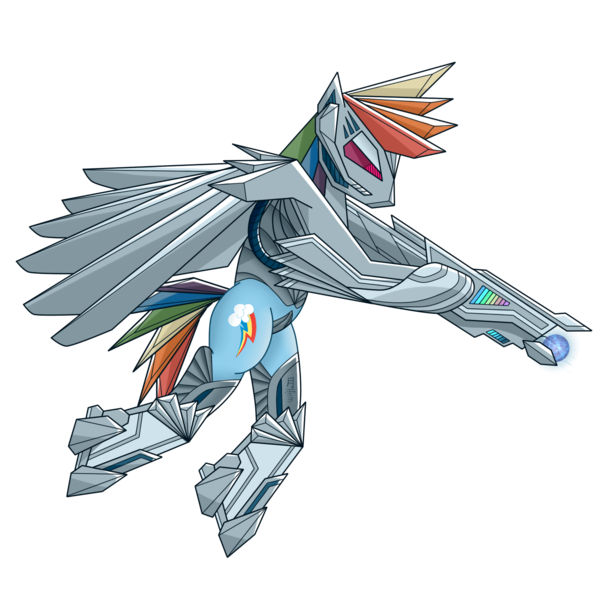 Size: 600x600 | Tagged: safe, artist:lunarsnowfall, derpibooru import, rainbow dash, pegasus, pony, armor, augmented, badass, cyberpunk, female, gun, mare, plasma cannon, powered exoskeleton, solo, weapon