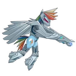 Size: 600x600 | Tagged: safe, artist:lunarsnowfall, derpibooru import, rainbow dash, pegasus, pony, armor, augmented, badass, cyberpunk, female, gun, mare, plasma cannon, powered exoskeleton, solo, weapon