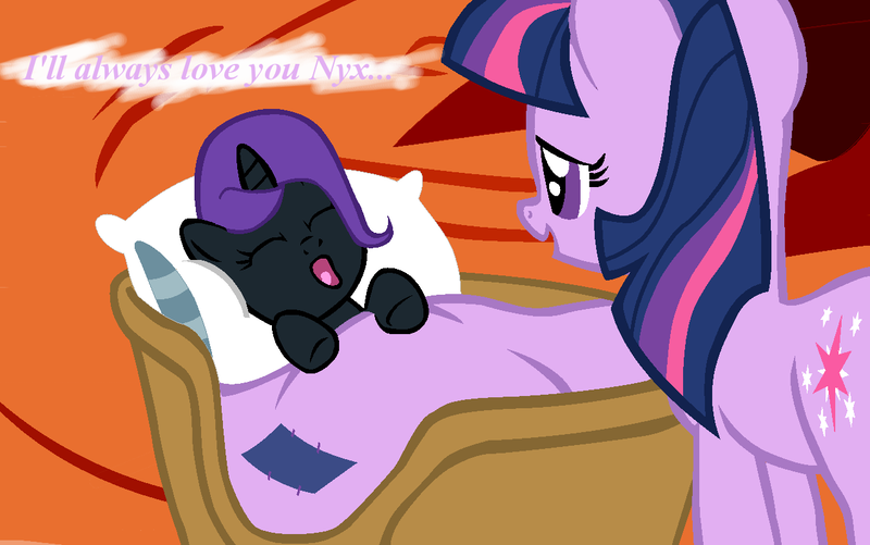 Size: 1280x801 | Tagged: safe, artist:bronyboy, derpibooru import, twilight sparkle, oc, oc:nyx, alicorn, pony, alicorn oc, baby, baby pony, basket, bed, cute, foal, mama twilight, pony in a basket