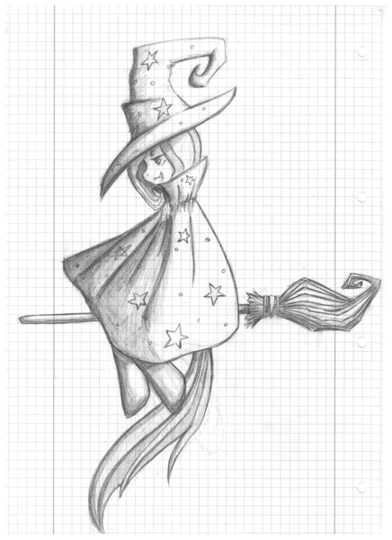 Size: 5100x7015 | Tagged: safe, artist:benjik, derpibooru import, trixie, pony, unicorn, absurd resolution, broom, female, flying broomstick, graph paper, mare, monochrome, solo, traditional art