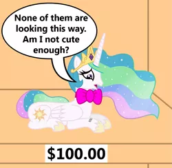 Size: 1177x1148 | Tagged: artist:vincentthecrow, barcode, bowtie, bronybait, derpibooru import, expensive, part of a set, ponies for sale, price tag, princess celestia, sad, safe