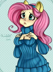 Size: 886x1200 | Tagged: safe, artist:yukomaussi, derpibooru import, fluttershy, equestria girls, boob window, breasts, busty fluttershy, cleavage, clothes, female, keyhole turtleneck, open-chest sweater, solo, sweater, sweatershy, turtleneck, wondercolts