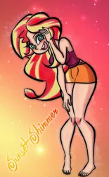 Size: 582x941 | Tagged: safe, artist:mojot, derpibooru import, edit, sunset shimmer, human, equestria girls, barefoot, breasts, busty sunset shimmer, cute, feet, happy, heart eyes, humanized, shimmerbetes, solo, toes, wingding eyes