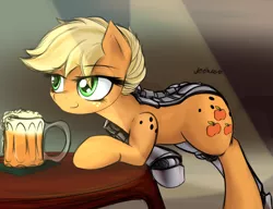 Size: 9398x7200 | Tagged: safe, artist:jetwave, derpibooru import, applejack, cyborg, pony, absurd resolution, alternate hairstyle, amputee, appleborg, bedroom eyes, cider, mug, prosthetic limb, prosthetics, solo, table, tankard