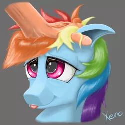 Size: 1280x1280 | Tagged: safe, artist:the1xeno1, derpibooru import, rainbow dash, human, :p, cute, dashabetes, floppy ears, fluffy, hand, petting, smiling, solo, tongue out