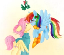 Size: 1733x1500 | Tagged: dead source, safe, artist:orbis93, derpibooru import, fluttershy, rainbow dash, adorascotch, bottomless, butterdash, butterscotch, christmas, clothes, cute, duo, female, flutterdash, half r63 shipping, hearth's warming, kissing, lesbian, male, mistletoe, partial nudity, rule 63, rule63betes, shipping, straight, sweater, sweatershy