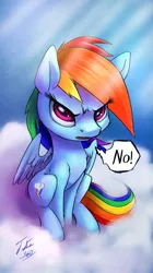Size: 719x1280 | Tagged: safe, artist:tsitra360, derpibooru import, rainbow dash, pegasus, pony, angry, backwards cutie mark, cloud, cute, dialogue, female, kubrick stare, looking at you, madorable, mare, no, one word, open mouth, sitting, solo, speech bubble