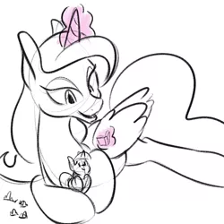 Size: 500x500 | Tagged: artist:goat train, black and white, book, cradling, derpibooru import, grayscale, levitation, macro, magic, momlestia, monochrome, neo noir, partial color, princess celestia, safe, size difference, smol, twilight sparkle