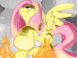 Size: 1600x1200 | Tagged: safe, artist:asclearascrystal, derpibooru import, fluttershy, pony, evil, evil grin, fire, giant pony, giantess, macro, raised hoof, solo