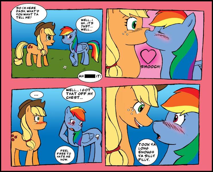 Size: 926x748 | Tagged: safe, artist:demon-keychain, derpibooru import, applejack, rainbow dash, appledash, blushing, comic, eyes closed, female, heart, kissing, lesbian, shipping