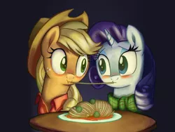 Size: 2000x1500 | Tagged: safe, artist:impcjcaesar, artist:verulence, derpibooru import, applejack, rarity, blushing, female, food, lady and the tramp, lesbian, pasta, rarijack, shipping, spaghetti