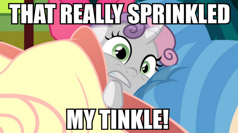 Size: 895x500 | Tagged: safe, derpibooru import, edit, edited screencap, screencap, sweetie belle, pony, unicorn, bed, caption, female, filly, image macro, implied bedwetting, implied pissing, implied watersports, implied wetting, meme, pillow, scared, sweetie belle's nightmare