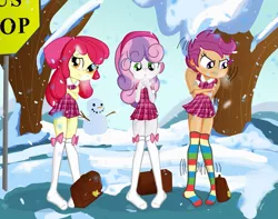 Size: 1217x960 | Tagged: safe, artist:legions20, artist:ohohokapi, deleted from derpibooru, derpibooru import, edit, apple bloom, scootaloo, sweetie belle, equestria girls, clothes, cold, cutie mark crusaders, dress, feet, freezing fetish, rainbow, school uniform, schoolgirl, skirt, skirtaloo, snow, snowfall, socks, thigh highs, thighs, tomboy taming, winter