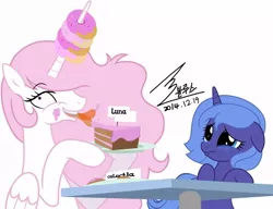 Size: 900x690 | Tagged: safe, artist:bluse, derpibooru import, princess celestia, princess luna, alicorn, pony, background removed, cake, cakelestia, crying, cute, donut, female, filly, lunabuse, show accurate, signature, simple background, tongue out, trollestia, white background, woona, woonabuse