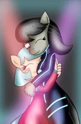 Size: 756x1155 | Tagged: anthro, artist:mytatsur, blushing, clothes, coco pommel, cocotavia, crack shipping, cute, dress, female, hug, lesbian, octavia melody, safe, shipping, smiling, suit, wink