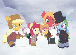 Size: 2950x2125 | Tagged: anthro, apple bloom, applejack, artist:alasou, big macintosh, carrot, chibi, clothes, cutie mark crusaders, derpibooru import, hat, question mark, rainbow dash, safe, scarf, scootaloo, snow, snowfall, snowman, sweetie belle, top hat, winter