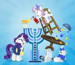 Size: 1100x951 | Tagged: safe, artist:pixelkitties, derpibooru import, opalescence, rarity, sweetie belle, cat, pony, unicorn, abstract background, balancing, bell, bits, blowtorch, bow, candle, cat bell, clothes, dreidel, female, filly, floppy ears, frown, hair bow, hair ornament, hanukkah, hoof hold, jew rarity, jewnicorn, judaism, kitchen sink, lidded eyes, menorah, open mouth, pyro belle, religion, shocked, sink, skirt, sunburst background, sweater, sweetie fail, table, this will end in fire, this will end in tears, this will end in tears and/or death and/or covered in tree sap, unamused, wat, wide eyes