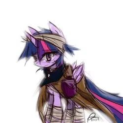 Size: 1024x1024 | Tagged: safe, artist:mrasianhappydude, derpibooru import, twilight sparkle, twilight sparkle (alicorn), alicorn, pony, bandage, cloak, clothes, female, mare, older, simple background, solo, white background