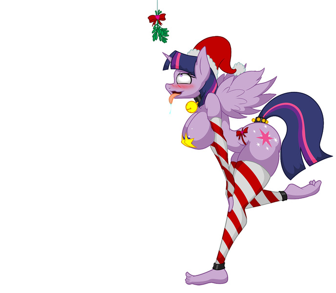 Size: 1280x1116 | Tagged: questionable, alternate version, artist:lil miss jay, derpibooru import, twilight sparkle, twilight sparkle (alicorn), alicorn, anthro, plantigrade anthro, barefoot, bell, bell collar, blushing, breasts, busty twilight sparkle, christmas, clothes, collar, drool, feet, female, jingle bells, mistletoe, nudity, panties, pasties, solo, solo female, tail wrap, thigh highs, thong, toes, tongue out, underwear