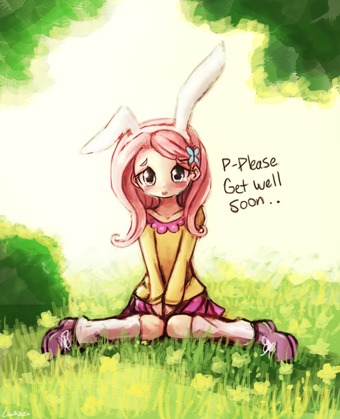 Size: 783x965 | Tagged: artist:lumineko, blushing, breasts, bunny ears, clothes, crying, cute, delicious flat chest, derpibooru import, dialogue, female, flattershy, fluttershy, get well soon, grass, human, humanized, looking at you, safe, skirt, solo, source needed, useless source url