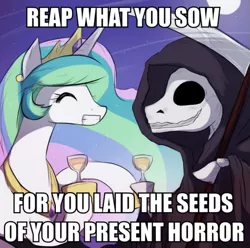 Size: 555x550 | Tagged: safe, derpibooru import, princess celestia, grim reaper, image macro, meme, scythe