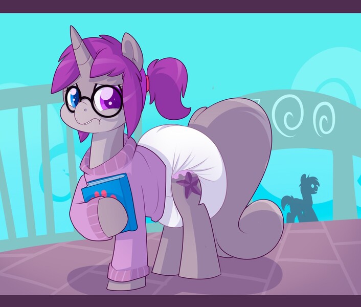 Size: 1280x1088 | Tagged: adorkable, artist:cuddlehooves, book, clothes, cuddlehooves is trying to murder us, cute, derpibooru import, diaper, diaper fetish, dork, glasses, heterochromia, oc, oc:kitsuna, poofy diaper, questionable, squirrel tail, sweater, unofficial characters only