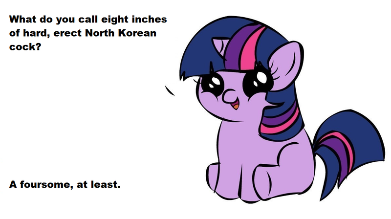 Size: 1194x668 | Tagged: questionable, deleted from derpibooru, derpibooru import, twilight sparkle, unicorn, exploitable meme, filly twilight sparkle, filly twilight telling an offensive joke, korean, meme, north korea, nudity, obligatory pony, out of character, penis, racism, simple background, small penis, solo, unicorn twilight, vulgar, white background