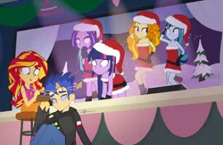 Size: 1930x1250 | Tagged: safe, artist:dm29, derpibooru import, adagio dazzle, aria blaze, flash sentry, sonata dusk, sunset shimmer, twilight sparkle, twilight sparkle (alicorn), equestria girls, rainbow rocks, bare shoulders, blood, boombox, canterlot high, christmas, circling stars, clothes, concussion, frown, gritted teeth, hat, hearth's warming, jingle bell rock, mean girls, santa costume, santa hat, sleeveless, stage, strapless, tanktop, wide eyes