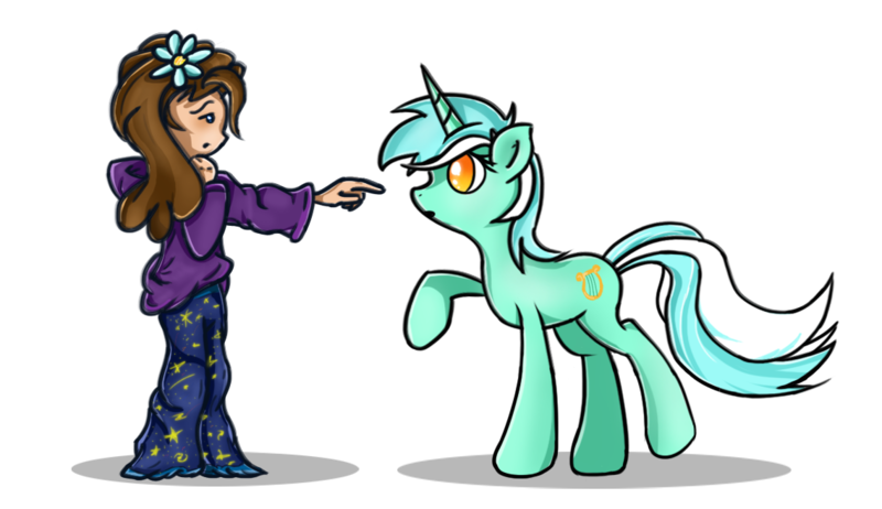 Size: 1137x656 | Tagged: safe, artist:flamevulture17, derpibooru import, lyra heartstrings, human, pony, unicorn, curious, duo, flower, flower in hair, imminent boop, looking at each other, no pupils, raised hoof, simple background, transparent background