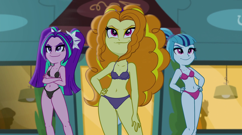 Size: 1904x1064 | Tagged: suggestive, artist:dirty mike, derpibooru import, edit, edited screencap, screencap, adagio dazzle, aria blaze, sonata dusk, equestria girls, rainbow rocks, bra, breasts, clothes, diner, outdoors, panties, the dazzlings, underwear, underwear edit