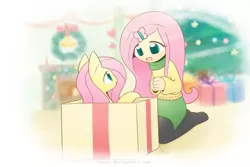 Size: 2250x1500 | Tagged: safe, artist:howxu, derpibooru import, fluttershy, human, pony, clothes, cute, howxu is trying to murder us, human ponidox, humanized, pony in a box, present, scarf, shyabetes, stockings, sweater, sweatershy