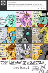 Size: 991x1495 | Tagged: safe, artist:ttturboman, derpibooru import, lyra heartstrings, princess cadance, spitfire, zecora, changeling, earth pony, hippogriff, pegasus, unicorn, zebra, ask blueblood, ask, cowboy hat, ear piercing, earring, female, goggles, hat, jewelry, male, mare, neck rings, out of character, piercing, political cartoon, racism, royal guard, stallion, stan kelly, the onion, top hat, tumblr, unicorn master race