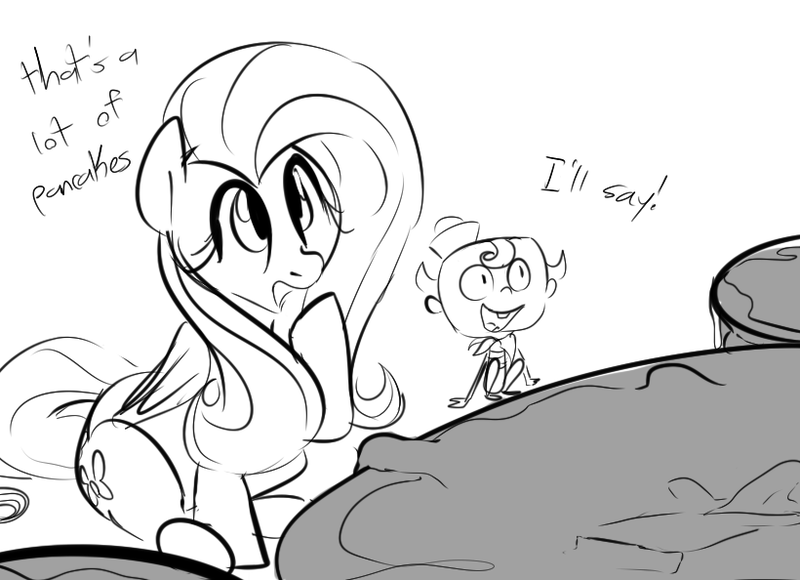 Size: 820x594 | Tagged: artist:dotkwa, derpibooru import, flapjack, fluttershy, monochrome, pancakes, safe, the marvelous misadventures of flapjack