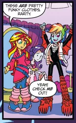 Size: 600x968 | Tagged: safe, artist:tonyfleecs, derpibooru import, idw, rainbow dash, rarity, sunset shimmer, equestria girls, spoiler:comic, spoiler:comicholiday2014, clothes, comic, costume, kiss (band), rainbow dash always dresses in style, slippers