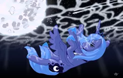 Size: 1900x1200 | Tagged: artist:lifesequencebreak, crying, derpibooru import, eyes closed, moon, princess luna, s1 luna, safe, solo, underwater, water