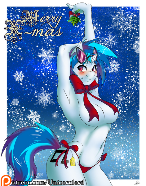 Size: 1493x1900 | Tagged: questionable, artist:the-unicorn-lord, derpibooru import, vinyl scratch, anthro, unicorn, armpits, bow, breasts, clothes, gift tag, holly, holly mistaken for mistletoe, implied lesbian, implied octavia, implied scratchtavia, implied shipping, nudity, partial nudity, patreon, patreon logo, present, ribbon, strategically covered, sunglasses, topless, vinyl's glasses