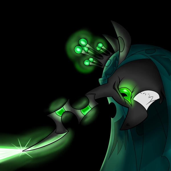 Size: 2048x2048 | Tagged: angry, artist:briarspark, changeling, derpibooru import, glowing eyes, glowing horn, grin, magic blast, pixiv, profile, queen chrysalis, safe, sharp horn, solo