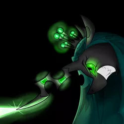 Size: 2048x2048 | Tagged: angry, artist:briarspark, changeling, derpibooru import, glowing eyes, glowing horn, grin, magic blast, pixiv, profile, queen chrysalis, safe, sharp horn, solo