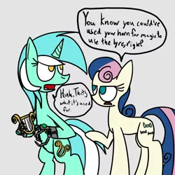 Size: 1024x1024 | Tagged: safe, artist:mr. rottson, deleted from derpibooru, derpibooru import, bon bon, lyra heartstrings, sweetie drops, pony, artificial hands, bipedal, bon bon is not amused, dialogue, hand, simple background