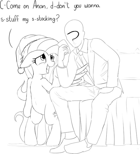 Size: 1280x1415 | Tagged: suggestive, artist:mcsadat, derpibooru import, fluttershy, oc, oc:anon, human, pegasus, pony, bed, bipedal, christmas, clothes, contemplating, cute, floppy ears, flutterrape, flutterstalker, grayscale, grin, hat, holiday, hug, innuendo, inviting, lineart, monochrome, nervous, nervous grin, santa hat, shoes, simple background, sitting, smiling, speech, standing up, stuttering, suit, text, white background, winghug, wings