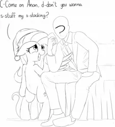 Size: 1280x1415 | Tagged: suggestive, artist:mcsadat, derpibooru import, fluttershy, oc, oc:anon, human, pegasus, pony, bed, bipedal, christmas, clothes, contemplating, cute, floppy ears, flutterrape, flutterstalker, grayscale, grin, hat, holiday, hug, innuendo, inviting, lineart, monochrome, nervous, nervous grin, santa hat, shoes, simple background, sitting, smiling, speech, standing up, stuttering, suit, text, white background, winghug, wings