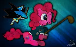 Size: 1136x703 | Tagged: artist:iamthemanwithglasses, derpibooru import, hockey, hockey stick, nhl, pinkie pie, safe, san jose sharks