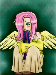 Size: 2336x3115 | Tagged: artist:shiko-k, clothes, derpibooru import, fluttershy, human, humanized, off shoulder, safe, sweater, sweatershy, twilight sparkle, winged humanization