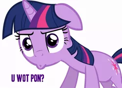 Size: 900x653 | Tagged: caption, derpibooru import, exploitable meme, image macro, meme, purple text, reaction image, safe, simple background, text, twilight sparkle, u wot m8, vector, white background