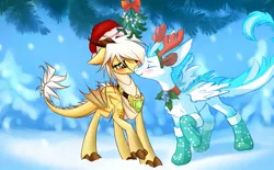 Size: 1133x704 | Tagged: amulet, antlers, artist:xn-d, blushing, chest fluff, collar, cool, cute, derpibooru import, dracony, dragon, eyes closed, feathered dragon, happy, hat, hybrid, jingle bells, love, merry christmas, mistletoe, nuzzling, oc, oc:arita, oc:patch, safe, santa hat, snow, snowfall, unofficial characters only